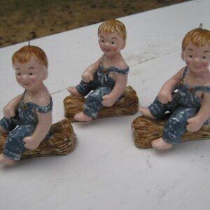 (3) VTG Figurines Ornaments Toddler Boy Denim Overalls w/ Loop to hang Ceramic